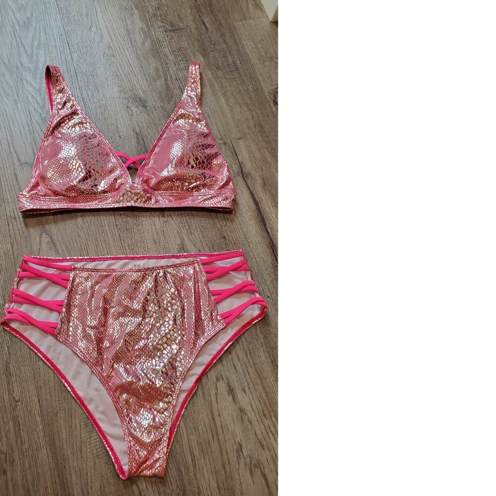 Shein Metallic Criss Cross Snake Print Bikini 1X - Picture 4 of 6